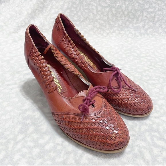 Vintage Woven Wedges 70s Captivators Brown Leather Tie Oxford Heels - Picture 4 of 12